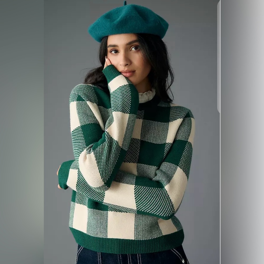 Anthropologie Green and Cream Plaid Ruffle Collar Pullover Sweater